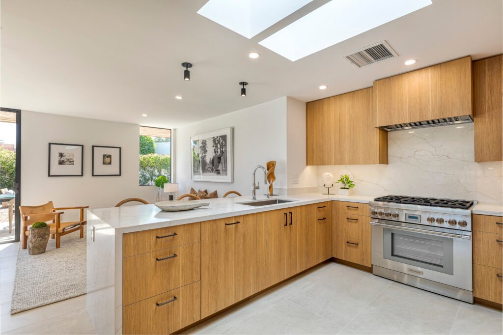 Warm and beautiful custom cabinetry set by Laval for Palm Springs kitchen.