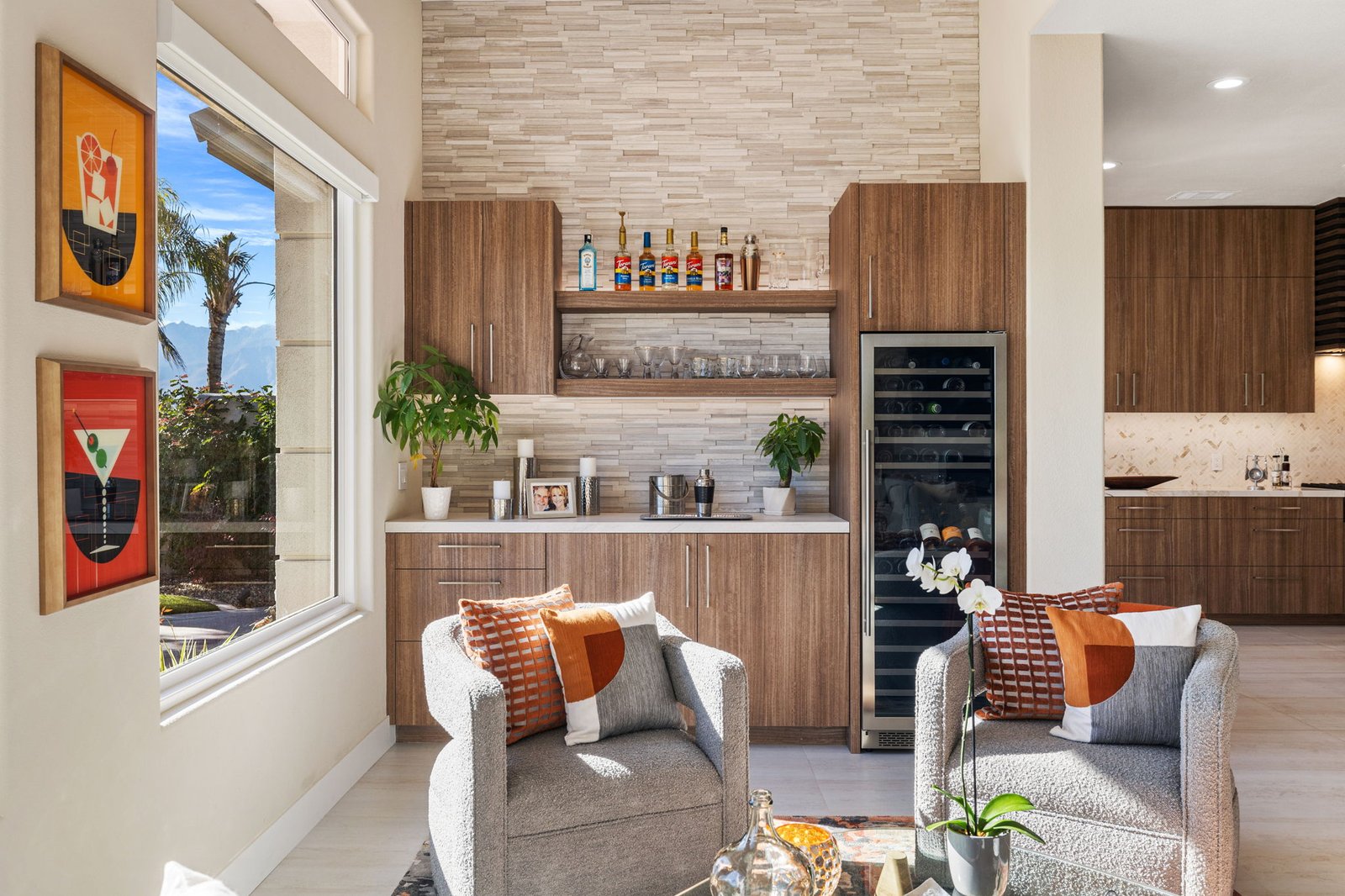Custom cabinetry for this beautiful bar setup includes specific sizing and materials for doors and applied ends.